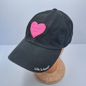 Life is Good Hat Black Pink Heart Embroidered Baseball Cap Adjustable Dad Hat